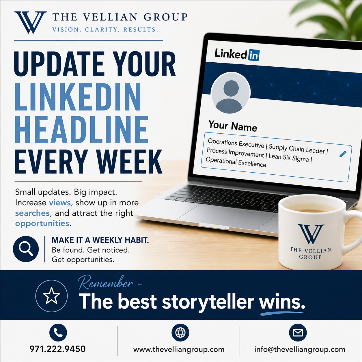 The Vellian Group graphic — Update Your LinkedIn Headline Every Week — with a laptop showing a LinkedIn profile headline