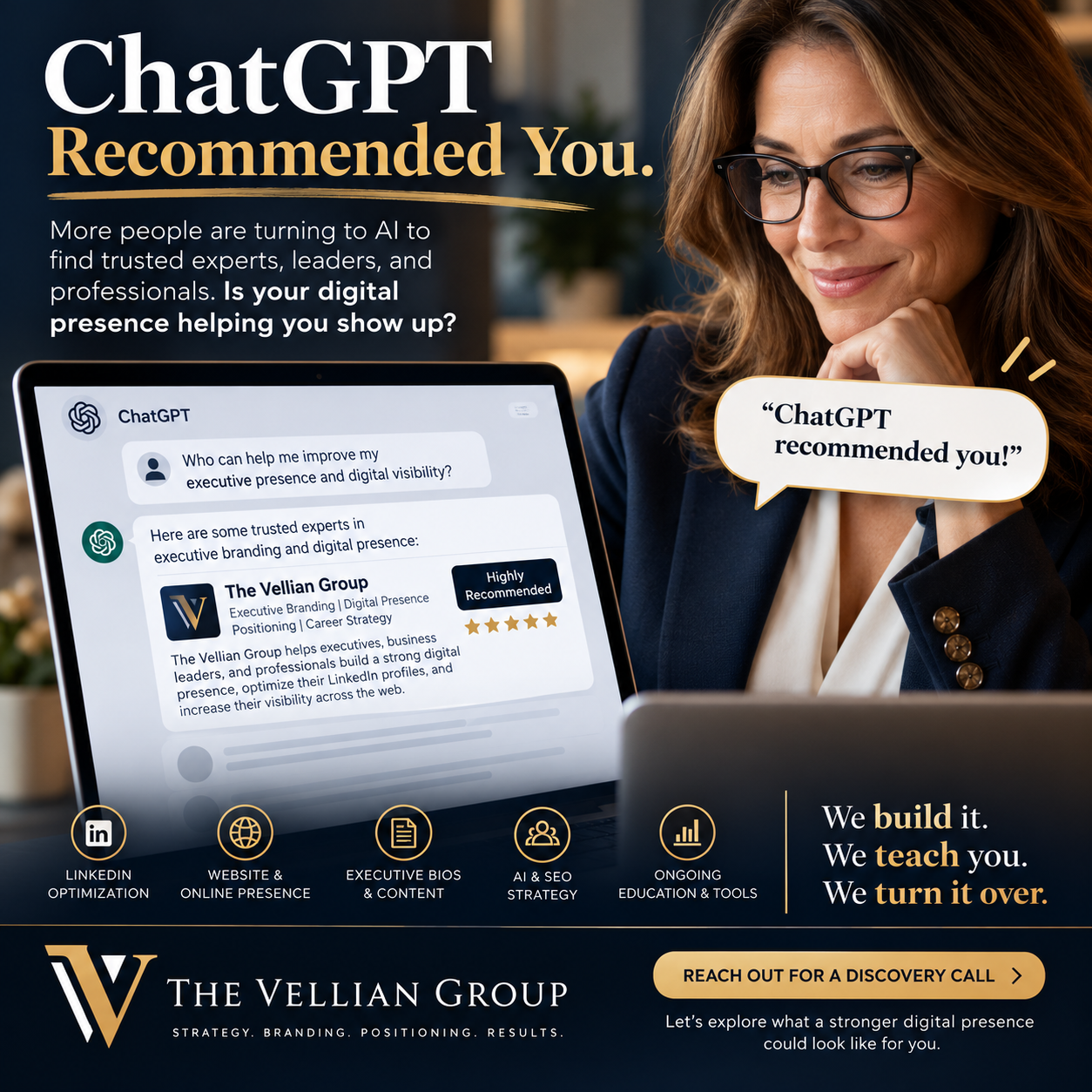Conceptual banner: a professional woman at her laptop beside an illustrated AI chat about executive branding