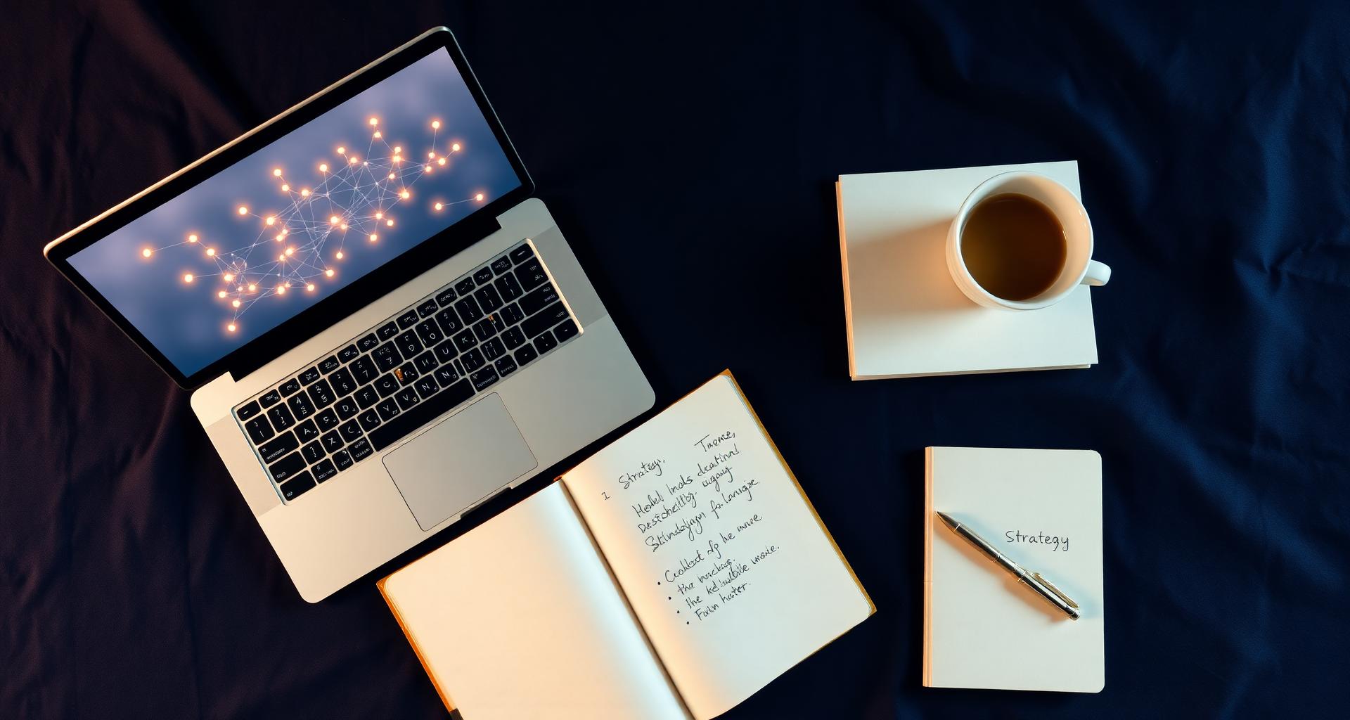 Editorial flat lay of a laptop showing a glowing professional network graph next to a strategy notebook