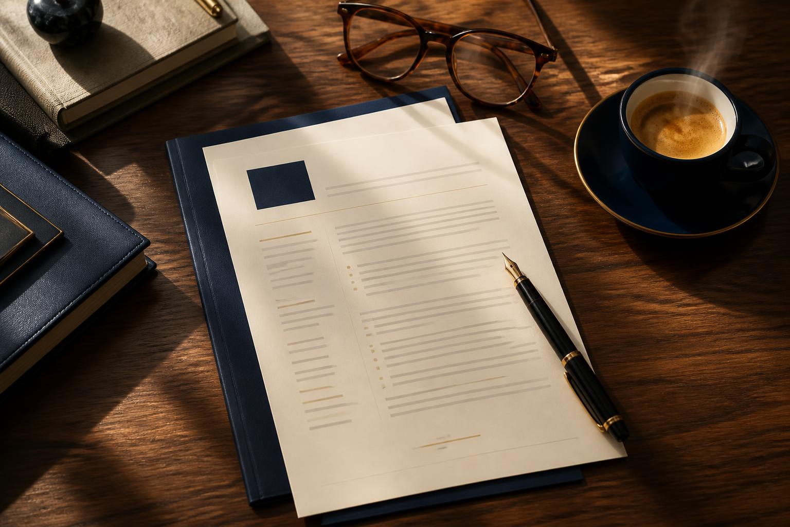 Executive desk with an open portfolio, pen, and resume in soft window light