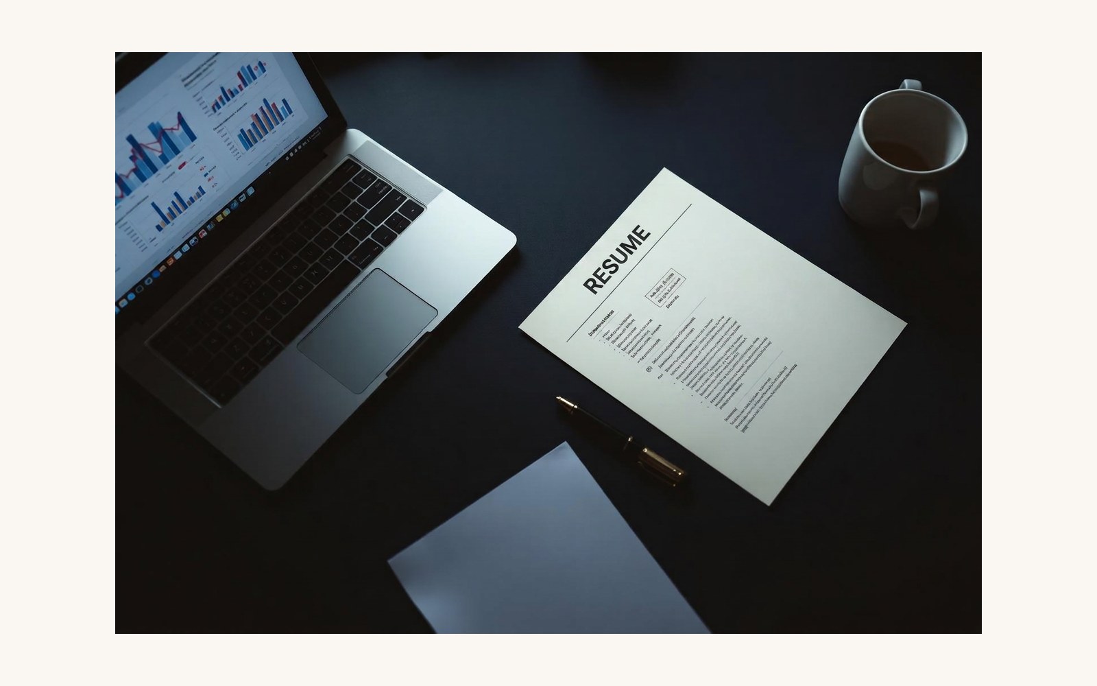 Executive resume on a dark navy desk next to a laptop showing data and scoring charts