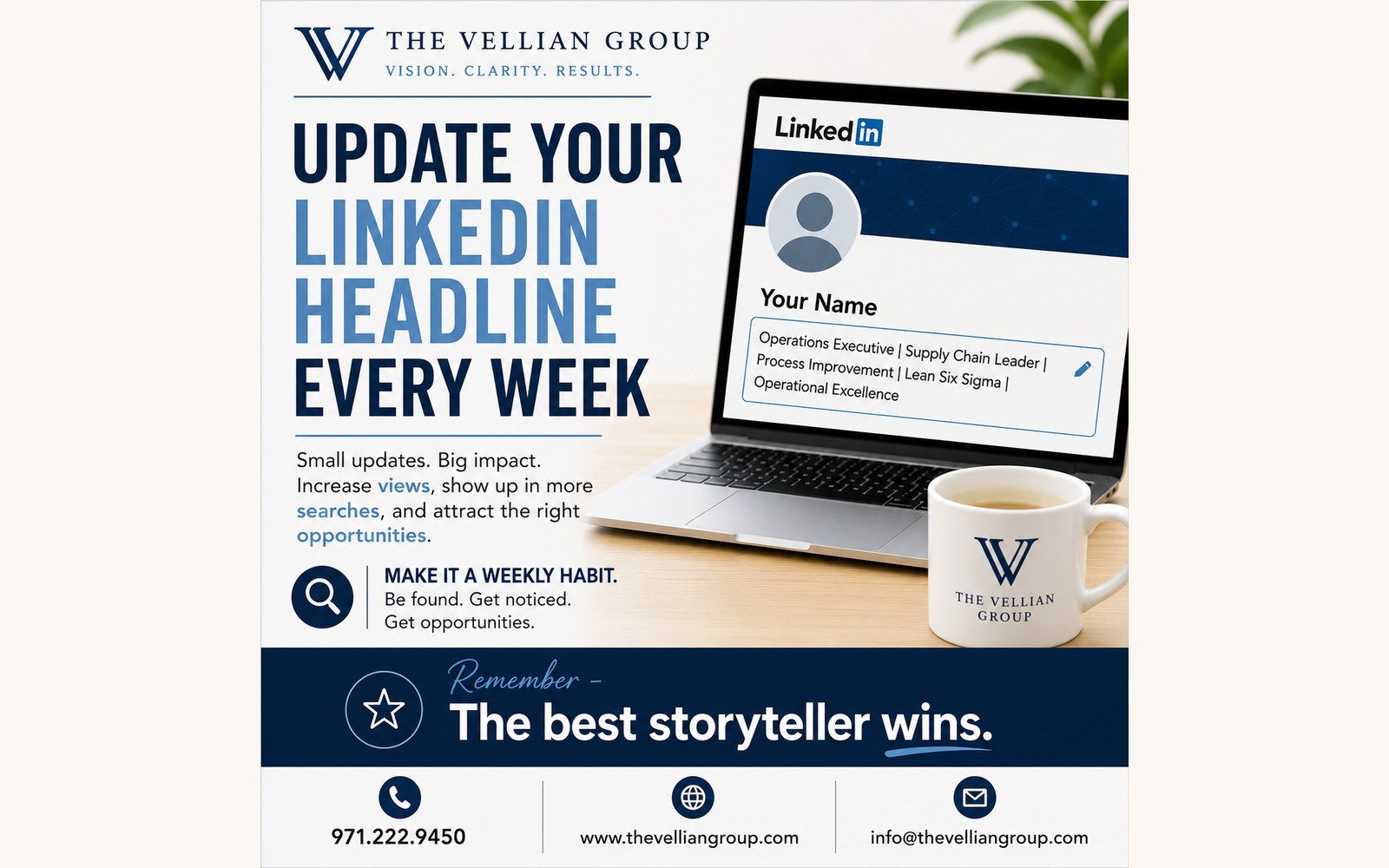 The Vellian Group graphic — Update Your LinkedIn Headline Every Week — with a laptop showing a LinkedIn profile headline